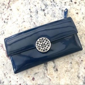 Coach Navy Patent Leather Wallet with Silver Medallion